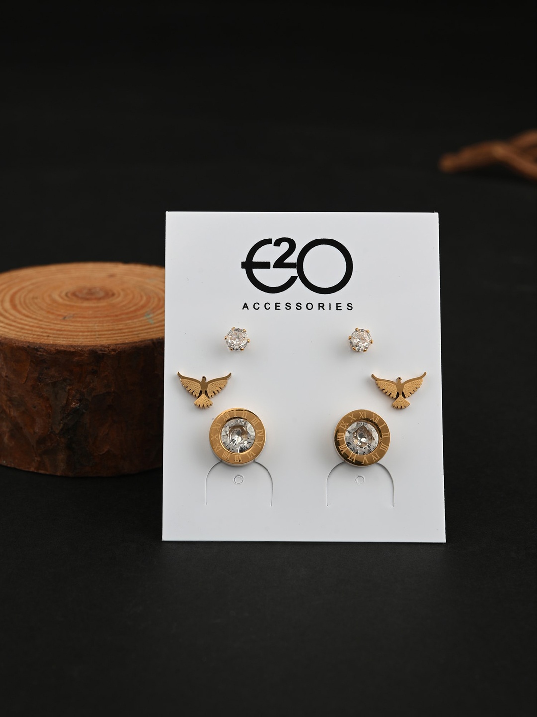 

E2O Set Of 3 Contemporary Studs Earrings, Gold