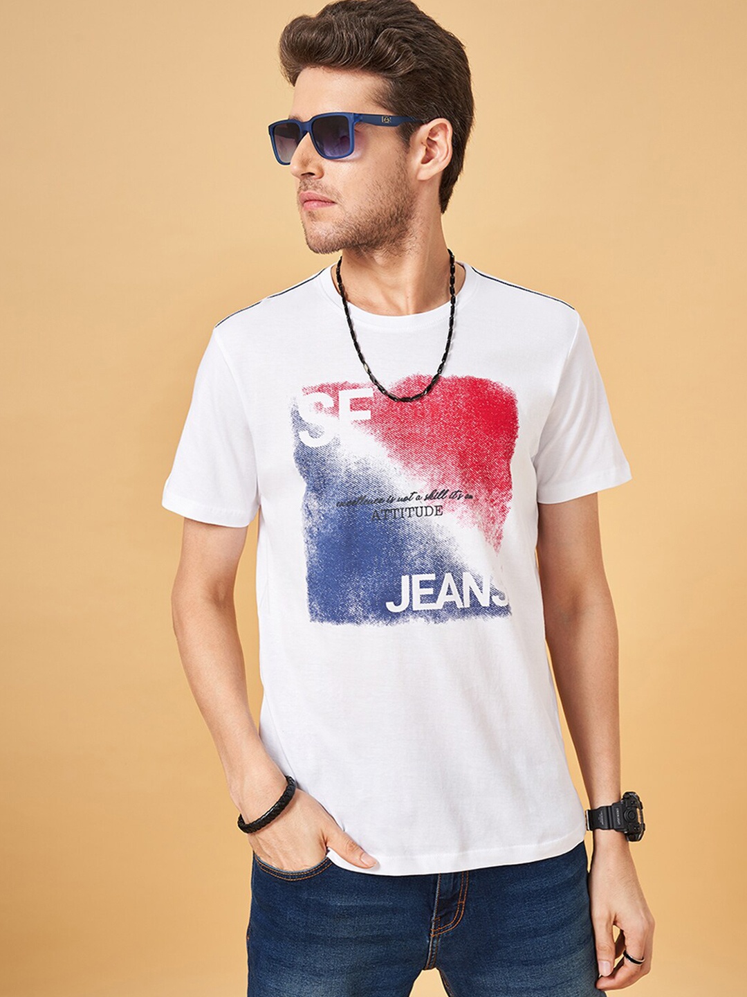 

SF JEANS by Pantaloons Men pure cotton Printed Applique Slim Fit T-shirt, White