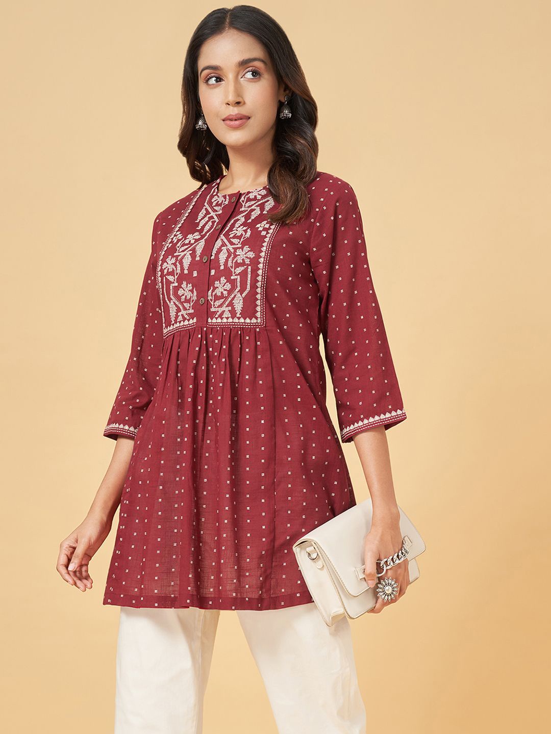 

RANGMANCH BY PANTALOONS Ethnic Motifs Printed Gathered Pure Cotton Tunic, Red