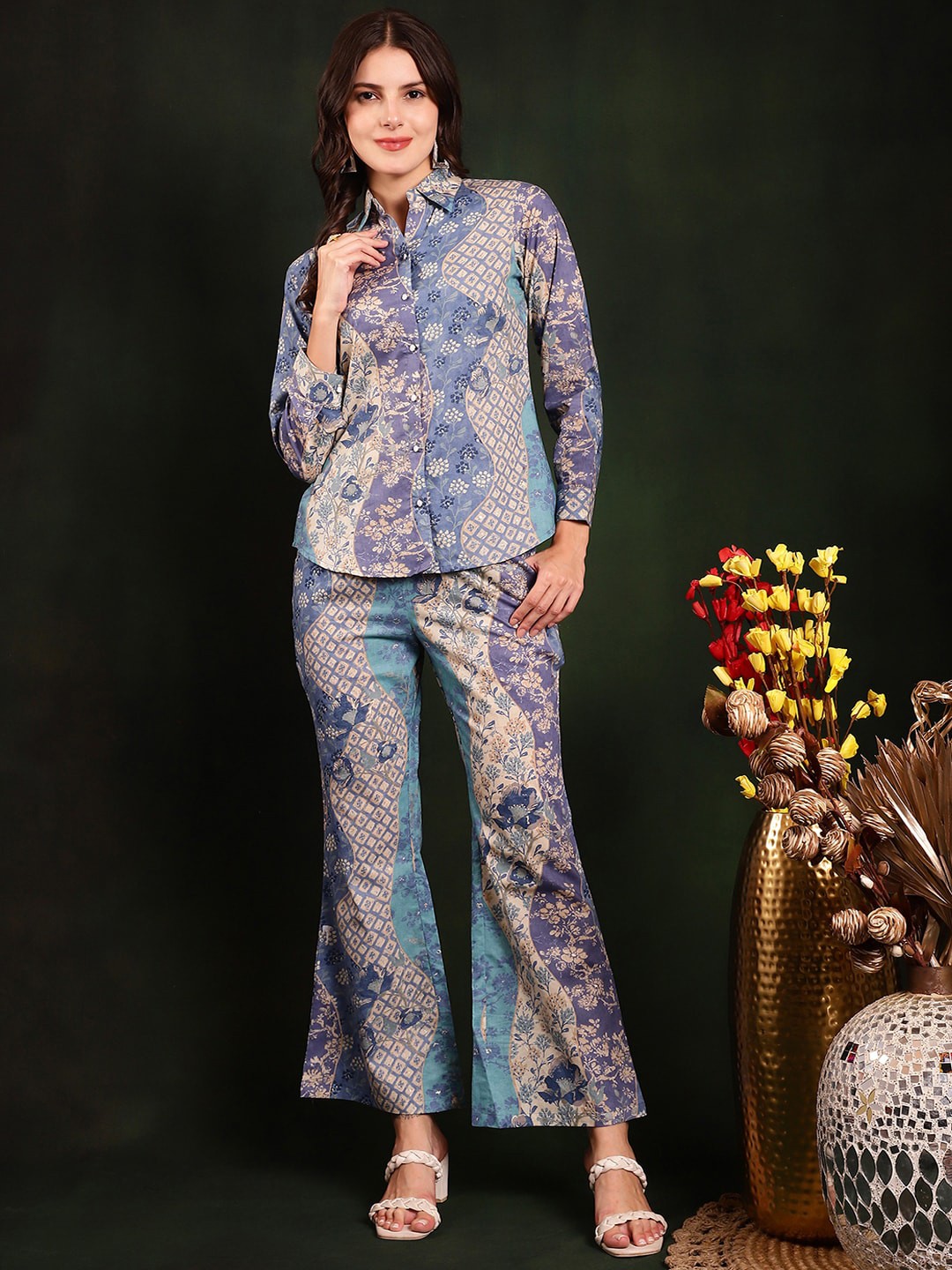 

Claura Printed Pure Cotton Shirt With Trousers Co-Ords, Blue