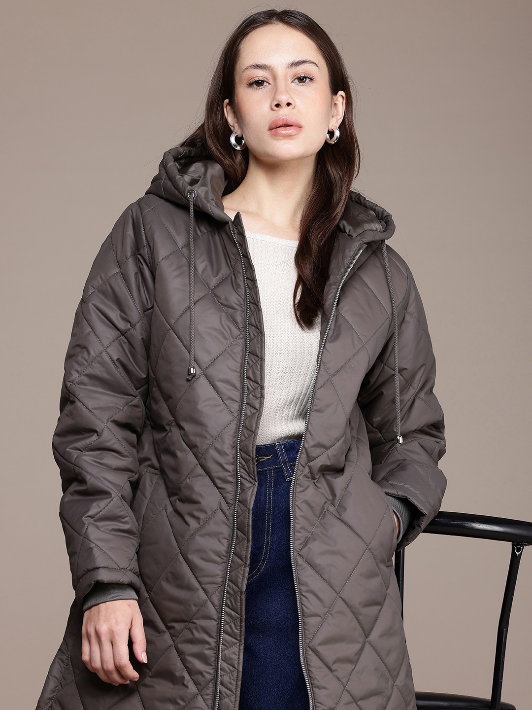 

French Connection Hooded Longline Quilted Jacket, Taupe