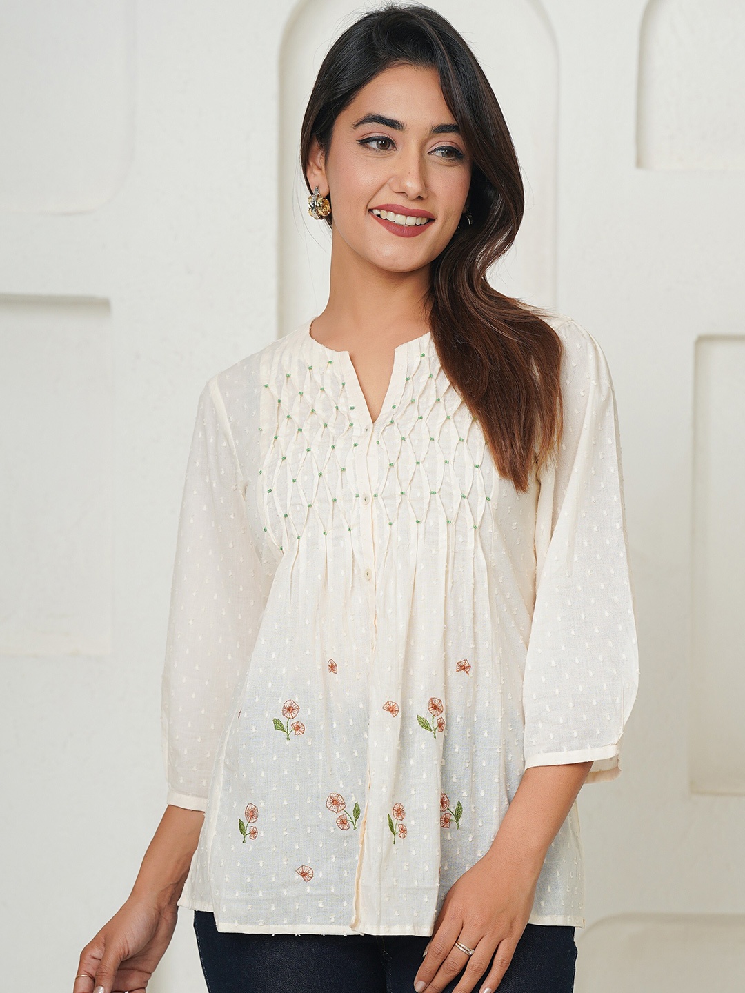 

JAIPURIBANNO Floral Cotton Top, White