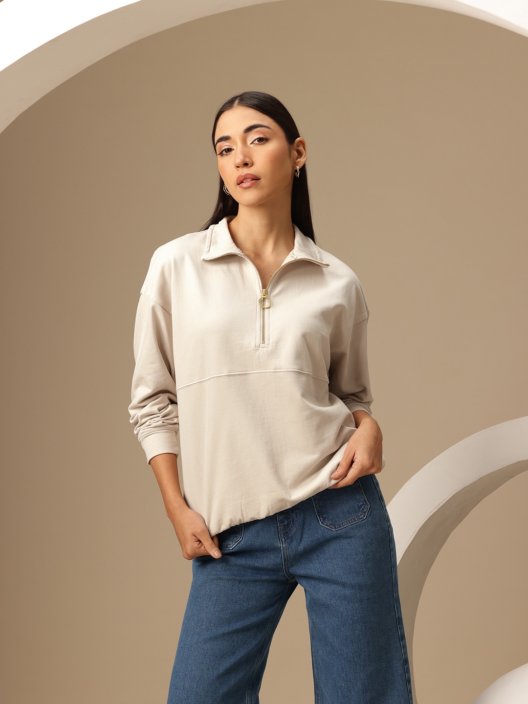 

Chemistry Mock-Collar Pure Cotton Sweatshirt, Beige