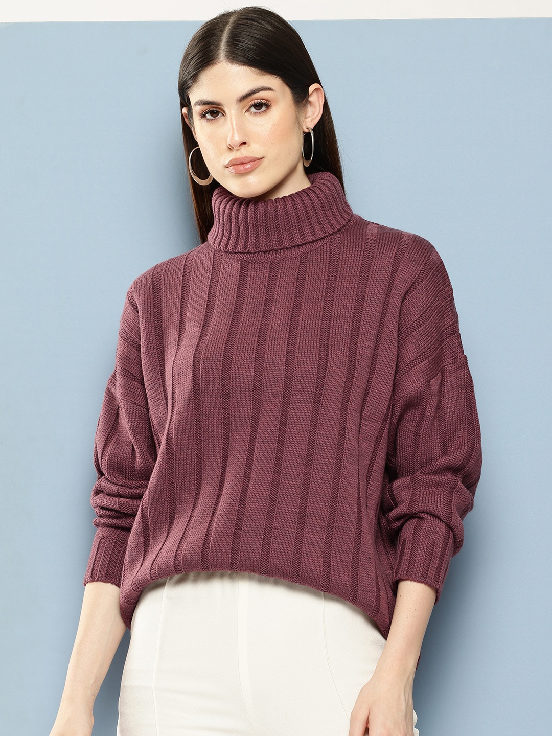 

Chemistry Turtle Neck Self-Striped Pullover, Mauve