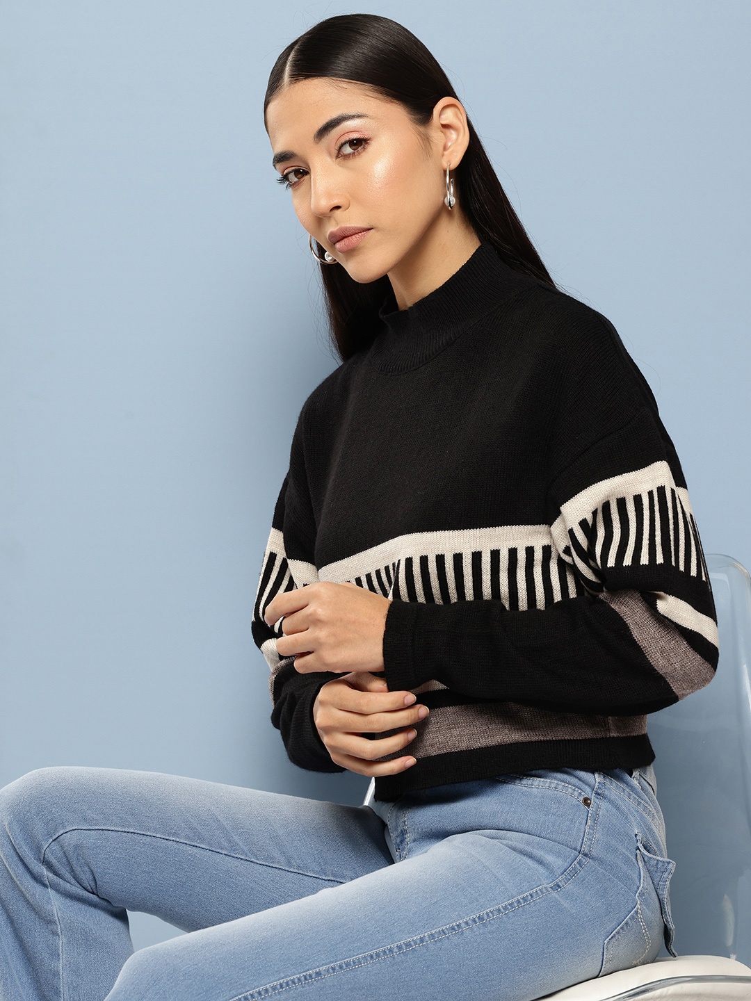 

Chemistry Striped Drop Shoulder Pullover Sweaters, Black