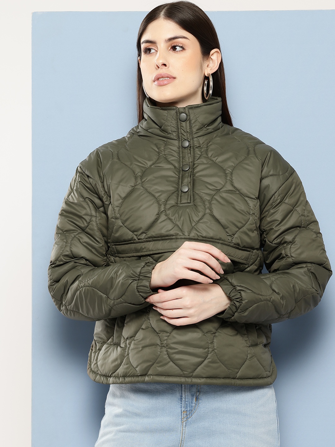 

Chemistry Stand Collar Quilted Jacket, Olive