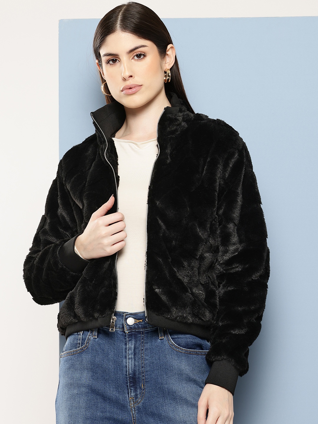 

Chemistry Self-Design Faux Fur Tailored Jacket, Black