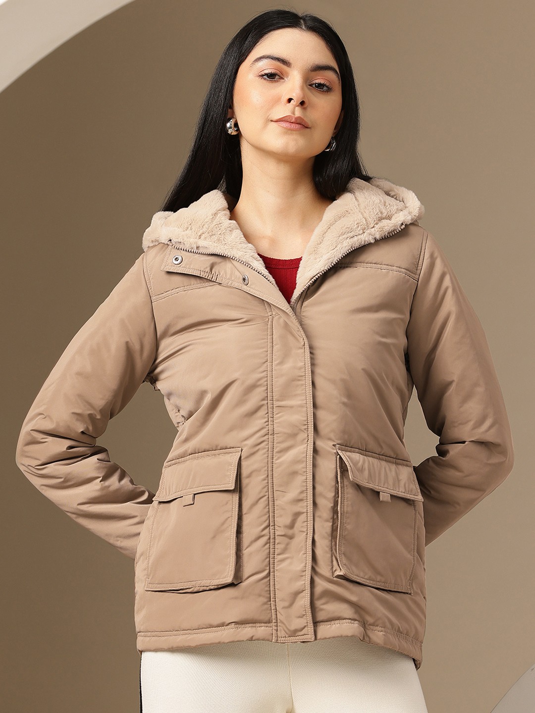 

Chemistry Faux Fur Trim Hooded Tailored Jacket, Beige