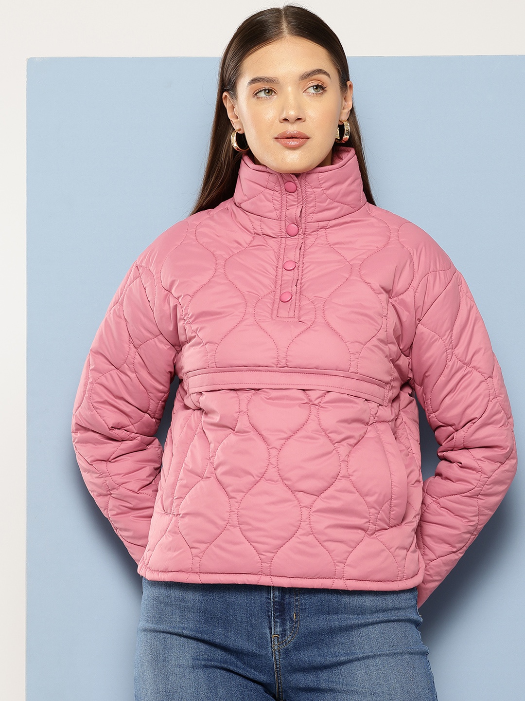 

Chemistry Stand Collar Quilted Jacket, Pink