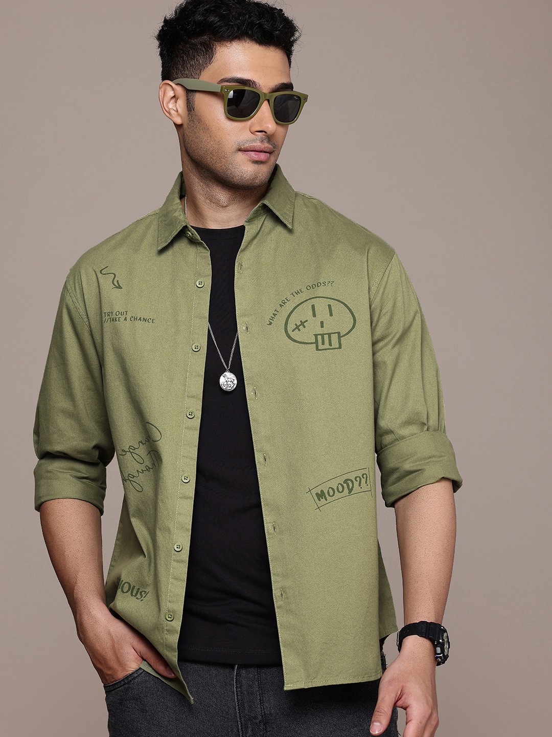 

WROGN Pure Cotton Typography Printed Casual Shirt, Green