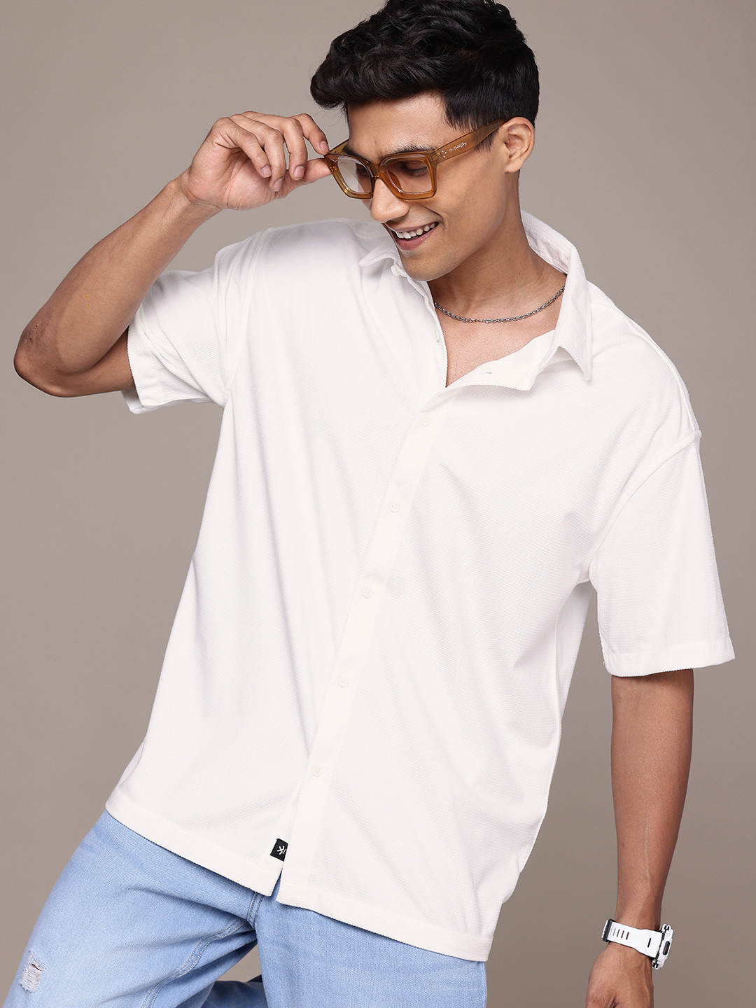 

WROGN Self Design Opaque Casual Oversized Shirt, White