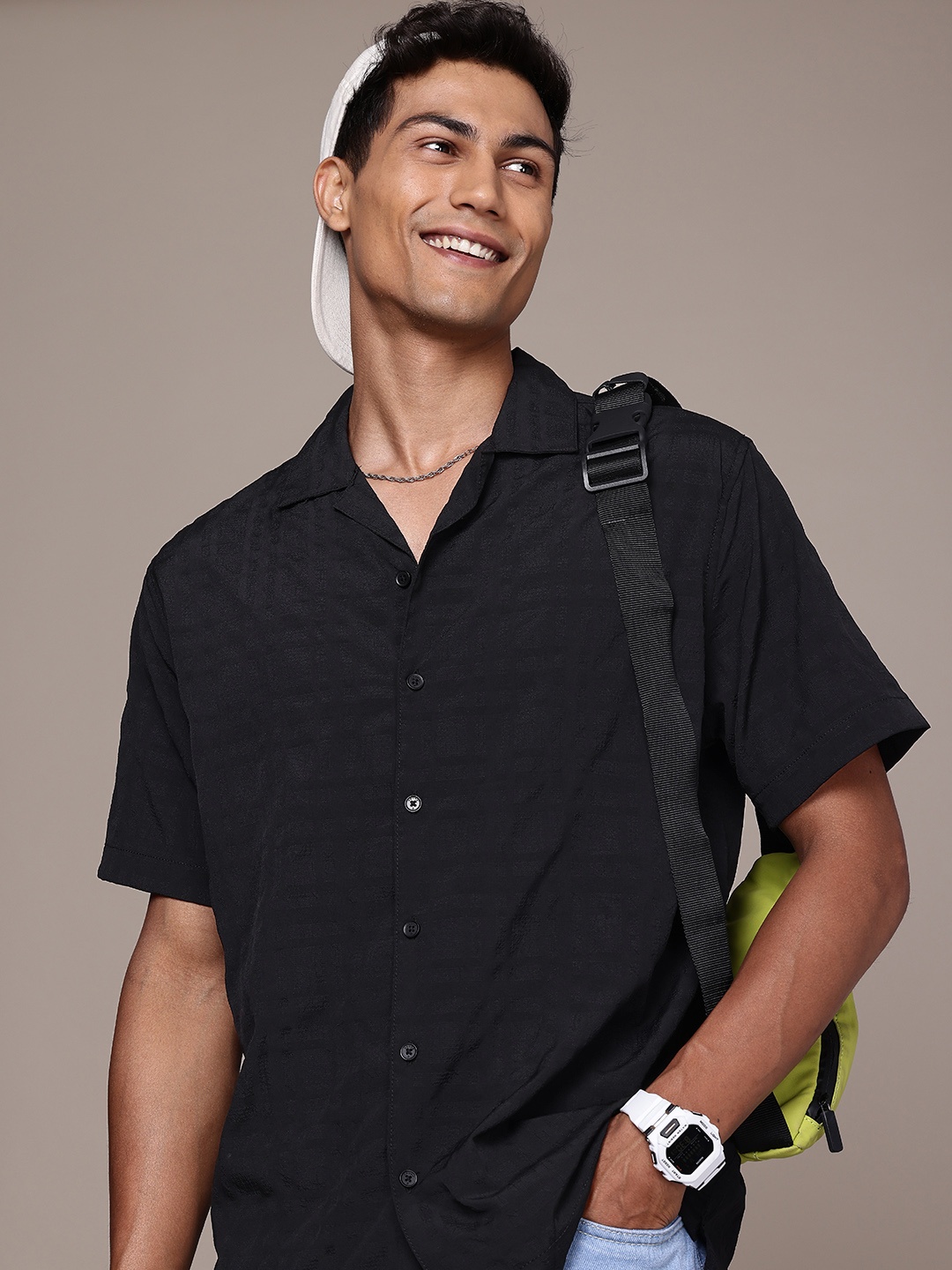 

WROGN Seersucker Opaque Casual Shirt, Black