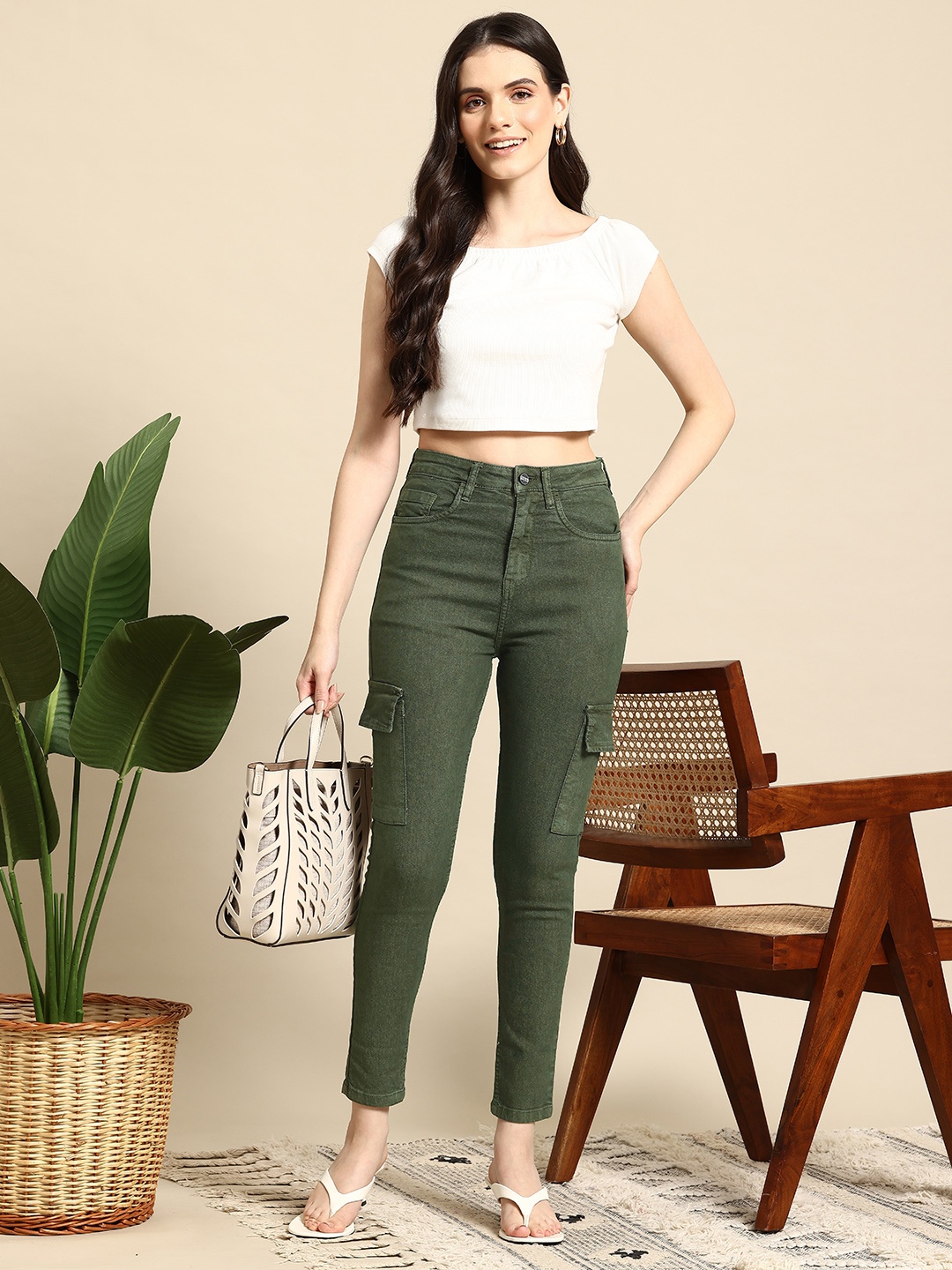 

Mast & Harbour Women Skinny Fit High-Rise Cargo-Style Jeans, Olive