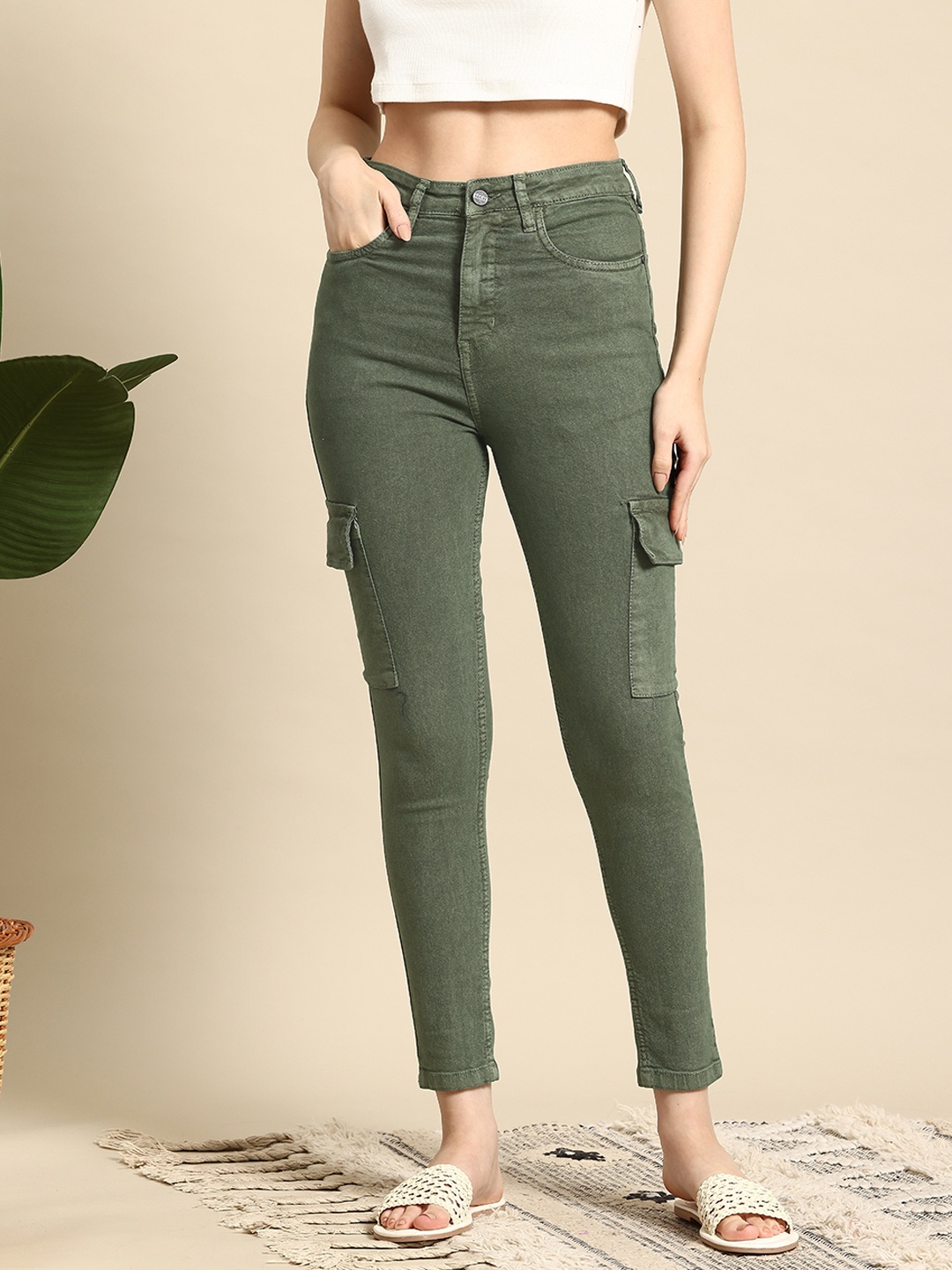 

Mast & Harbour Women Skinny Fit High-Rise Cargo-Style Jeans, Olive