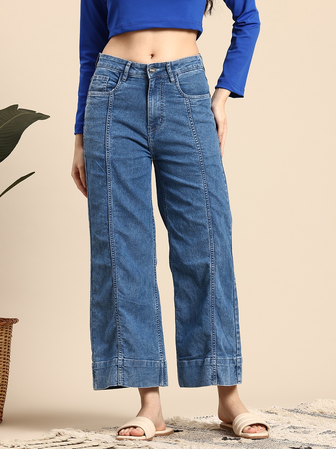 

Mast & Harbour Women Wide Leg High-Rise Jeans, Blue