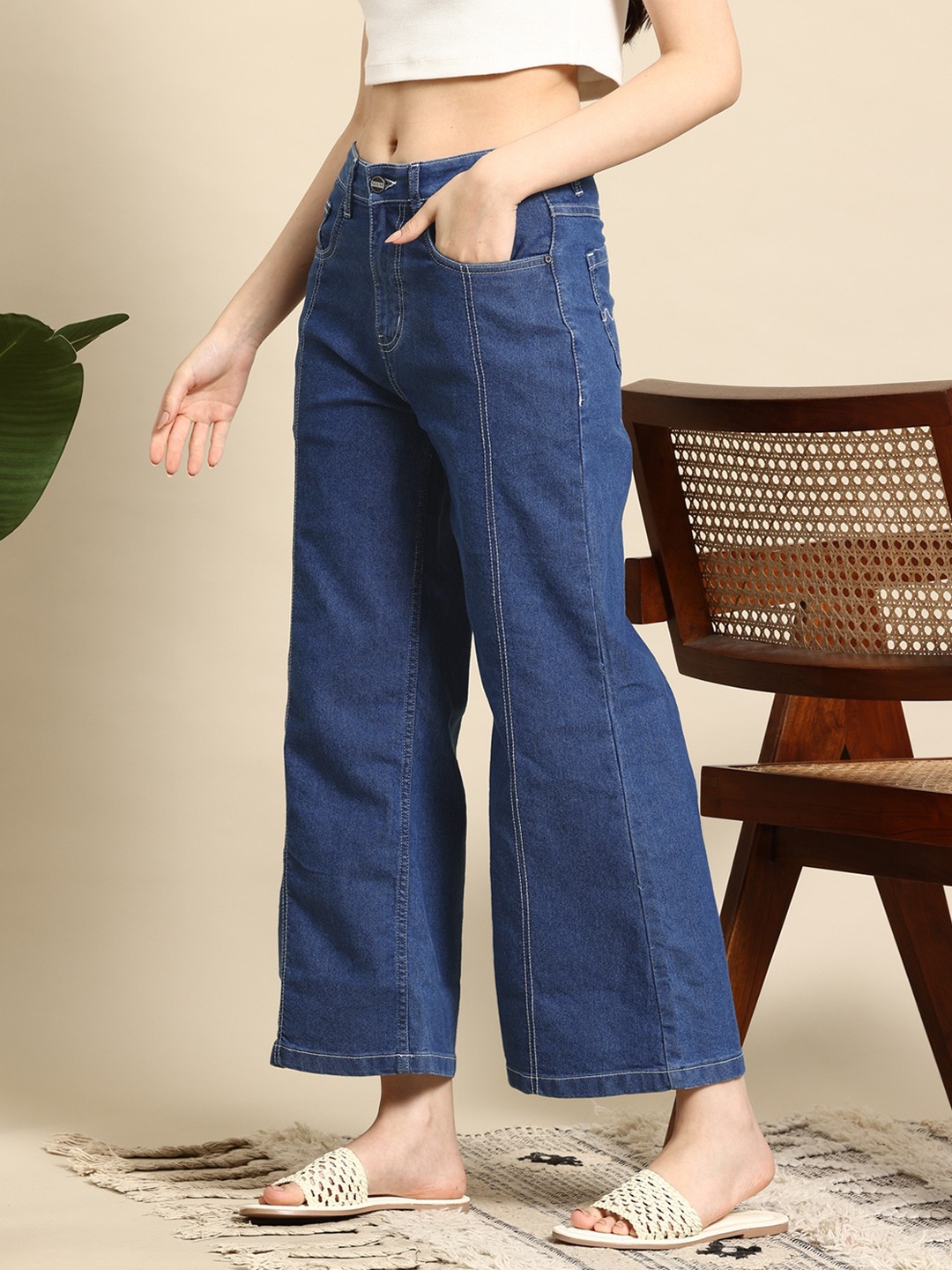 

Mast & Harbour Women Wide Leg High-Rise Jeans, Navy blue
