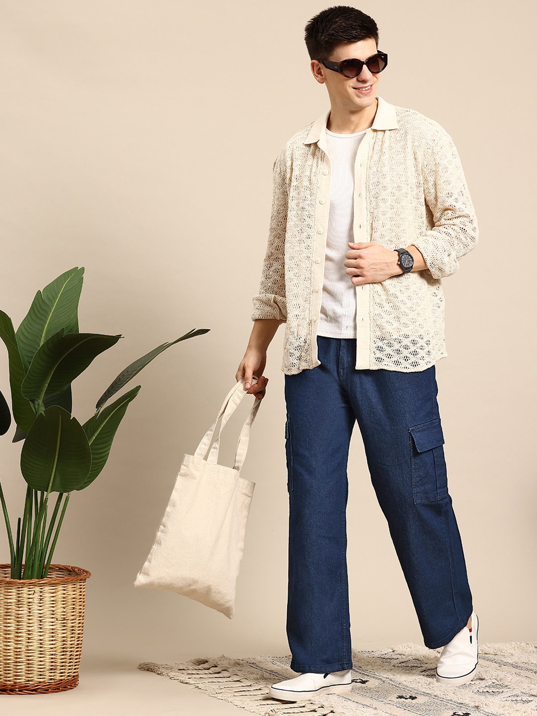 

Mast & Harbour Men Wide Leg Cargo Style Stretchable Jeans, Blue