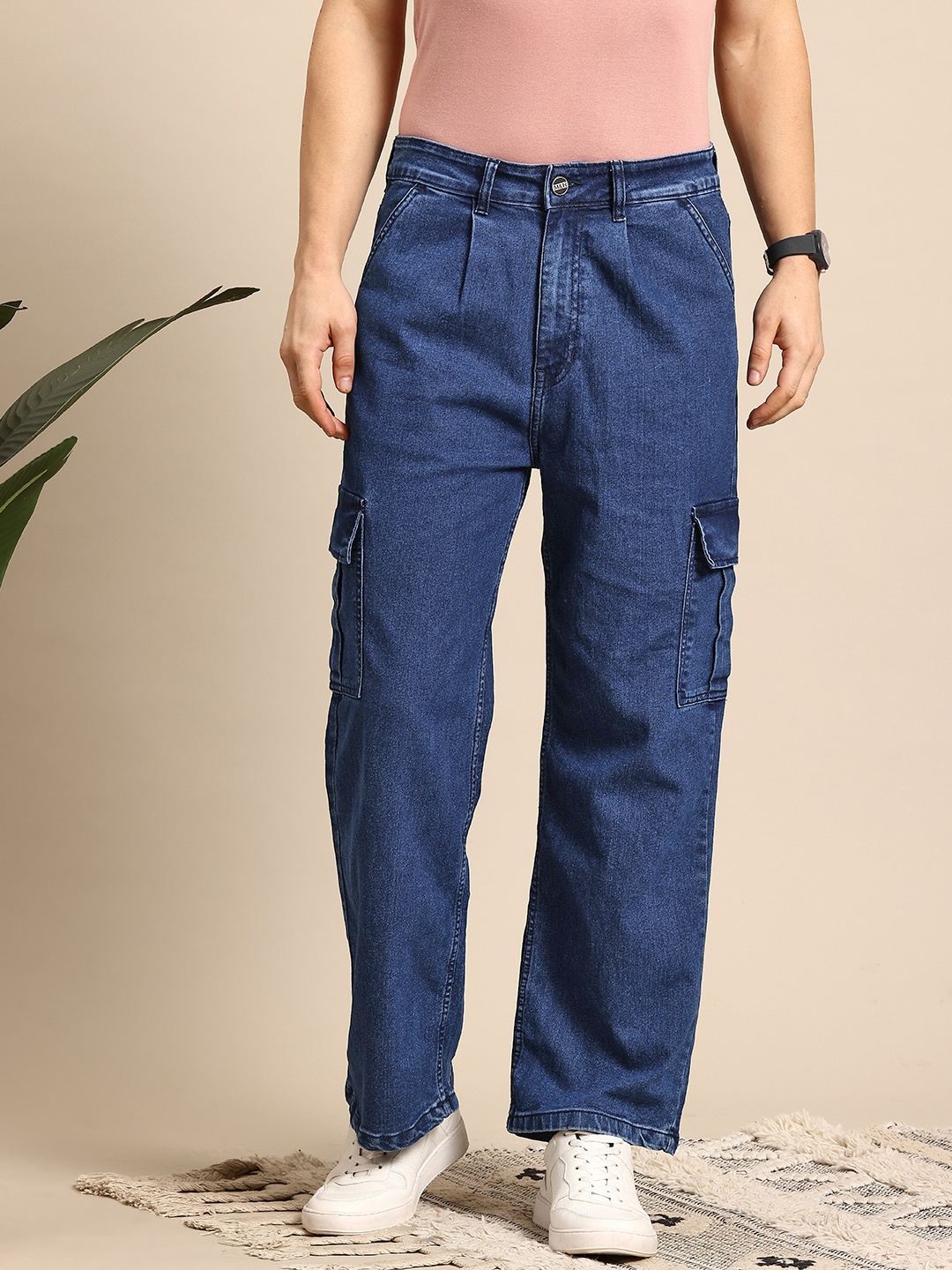 

Mast & Harbour Men Wide Leg Cargo Jeans, Navy blue