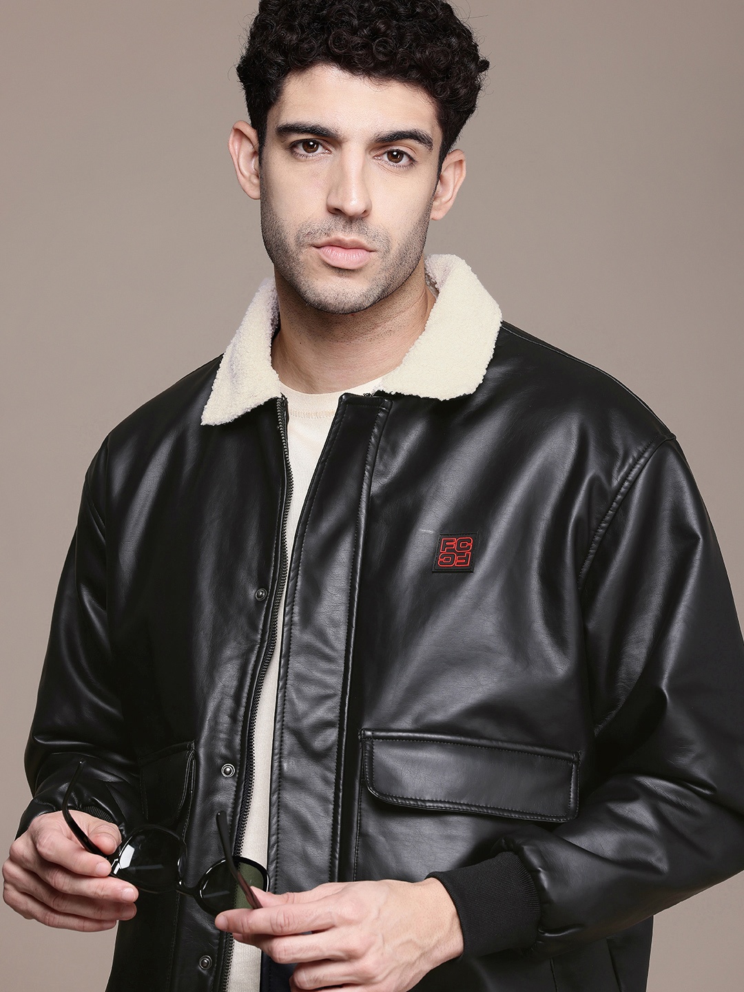 

French Connection Spread Collar Biker Jacket, Black