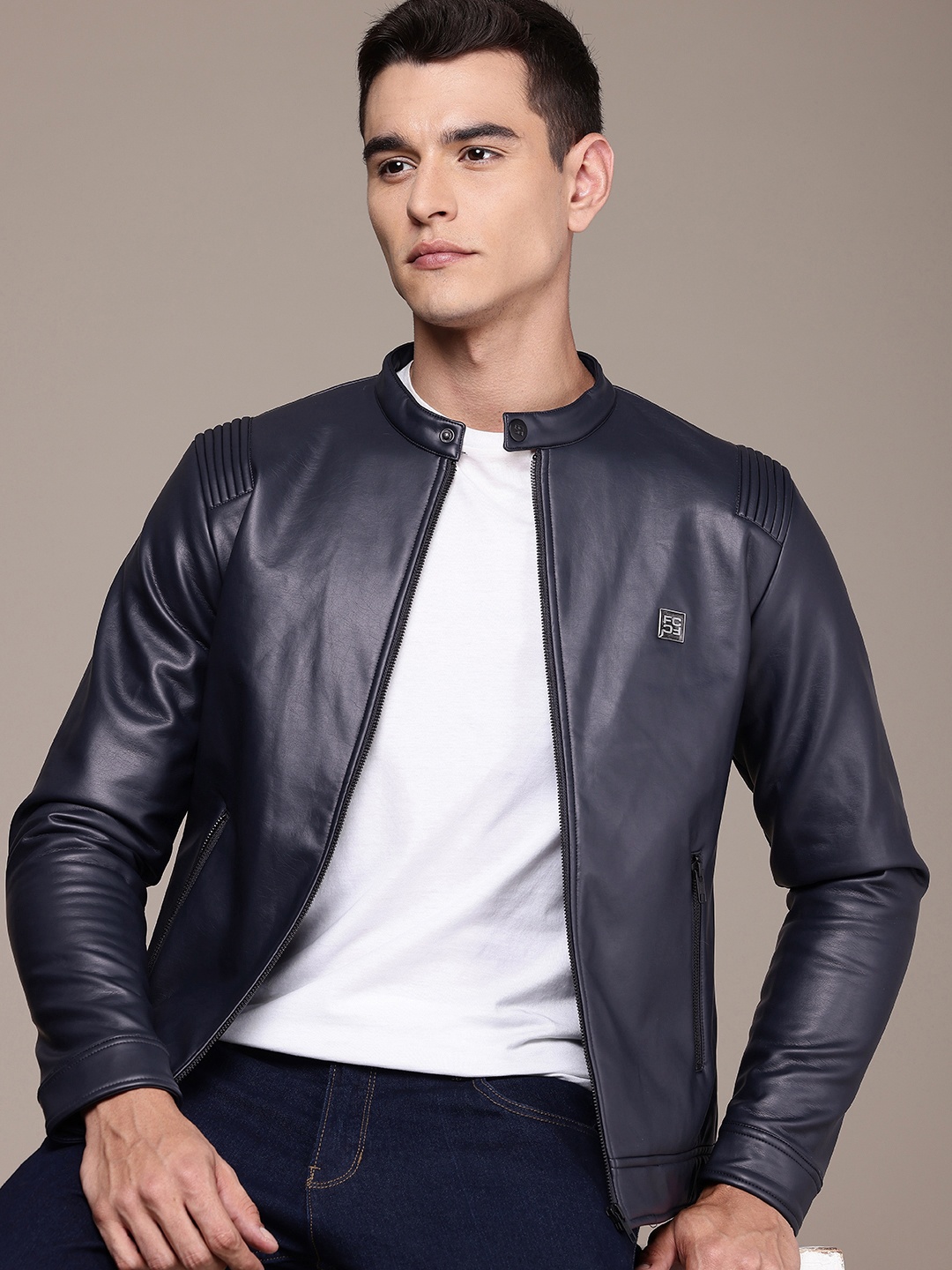 

French Connection Mock Collar Biker Jacket, Navy blue