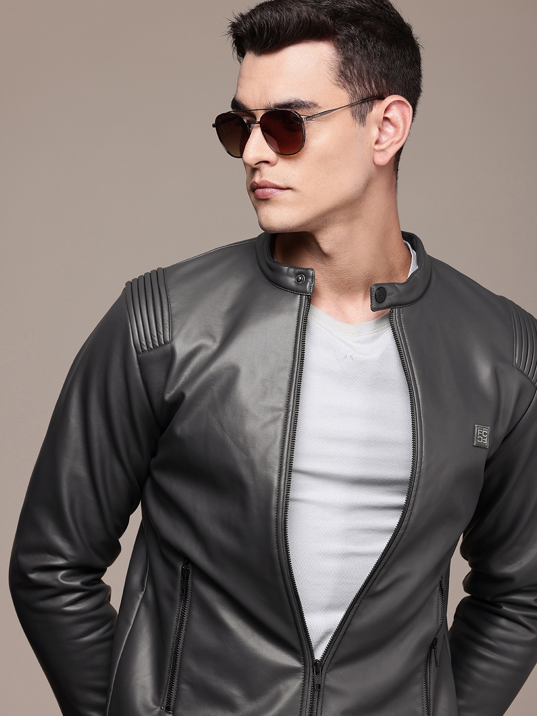 

French Connection Mock Collar Biker Jacket, Charcoal