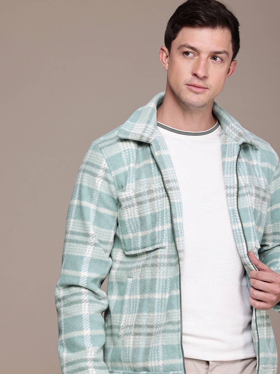 

French Connection Spread Collar Checked Tailored Jacket, Sea green
