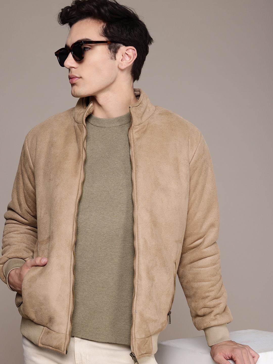 

French Connection Long Sleeves Velvet Finish Bomber Jacket, Beige