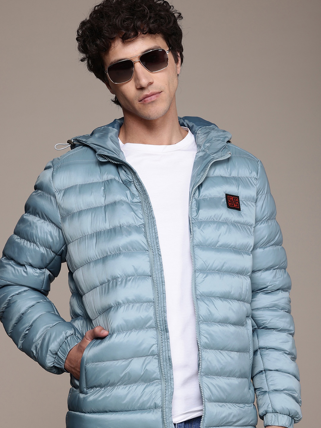 

French Connection Solid Hooded Puffer Jacket, Blue