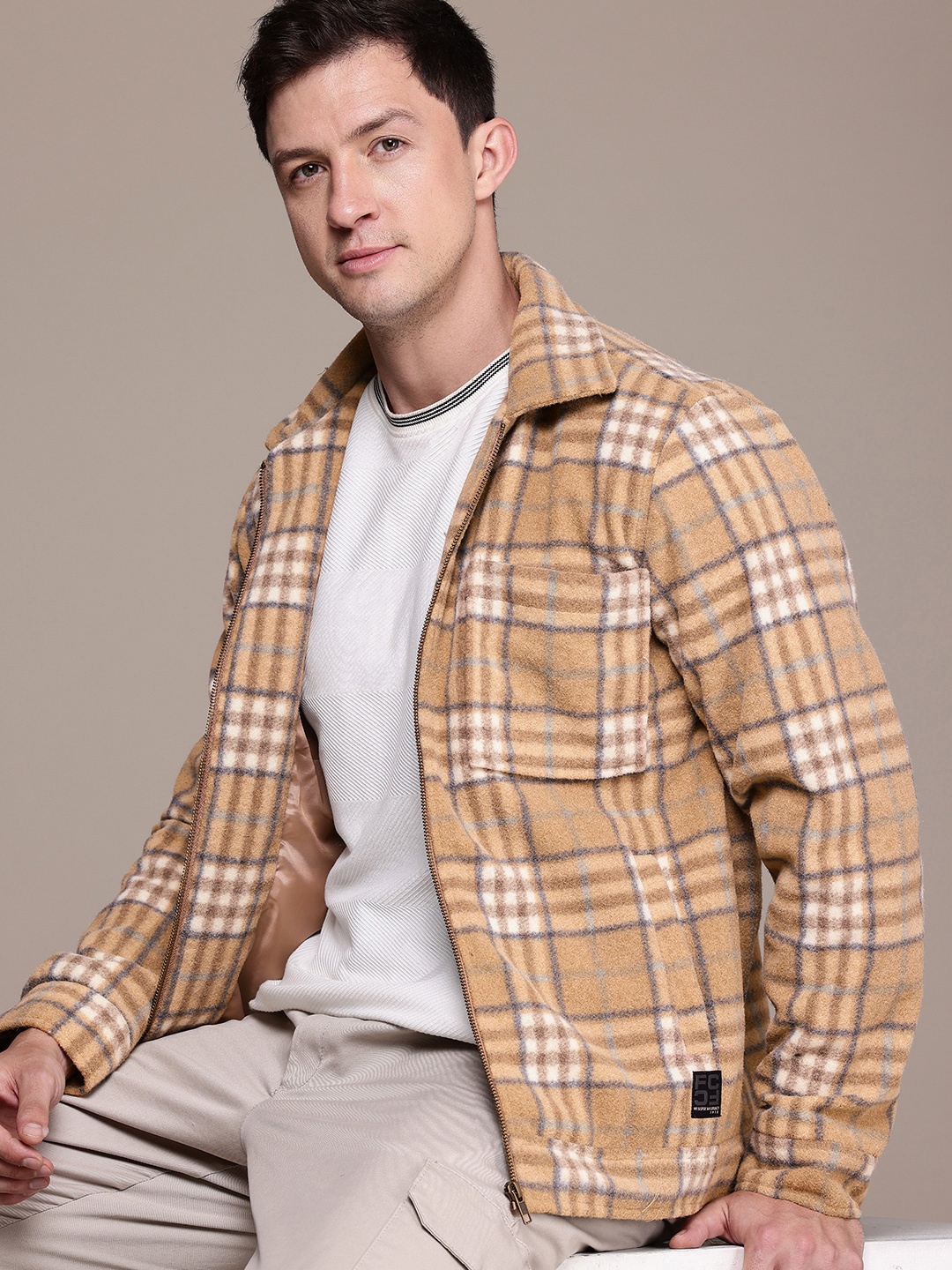 

French Connection Spread Collar Checked Tailored Jacket, Beige