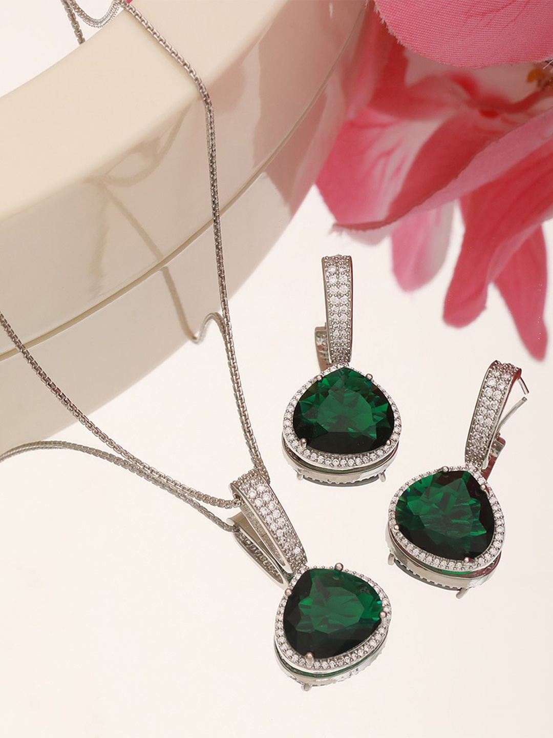 

Saraf RS Jewellery Silver Plated American Diamond Studded Necklace & Earrings