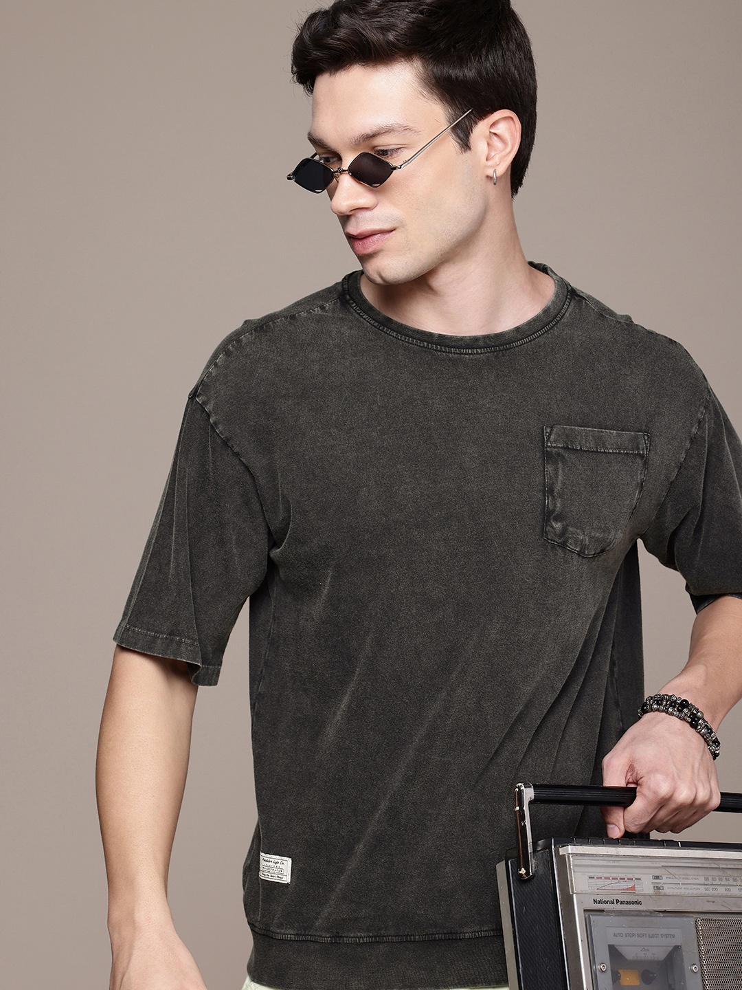 

The Roadster Life Co. Drop-Shoulder Sleeves Washed Effect Pure Cotton Relaxed Fit T-shirt, Charcoal