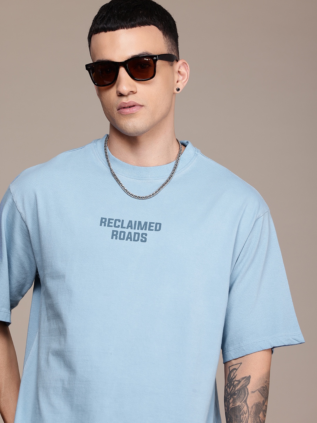 

The Roadster Life Co. Printed Drop-Shoulder Sleeves Pure Cotton Relaxed Fit T-shirt, Blue