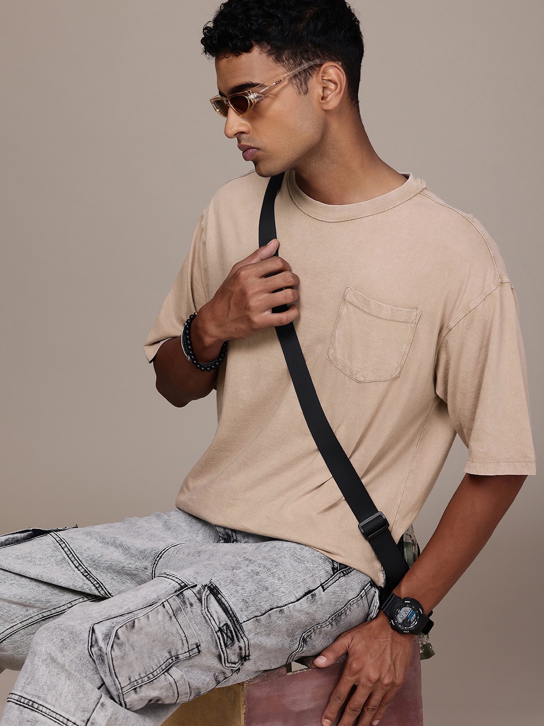 

The Roadster Life Co. Drop-Shoulder Sleeves Pure Cotton Relaxed T-shirt With Chest Pocket, Beige