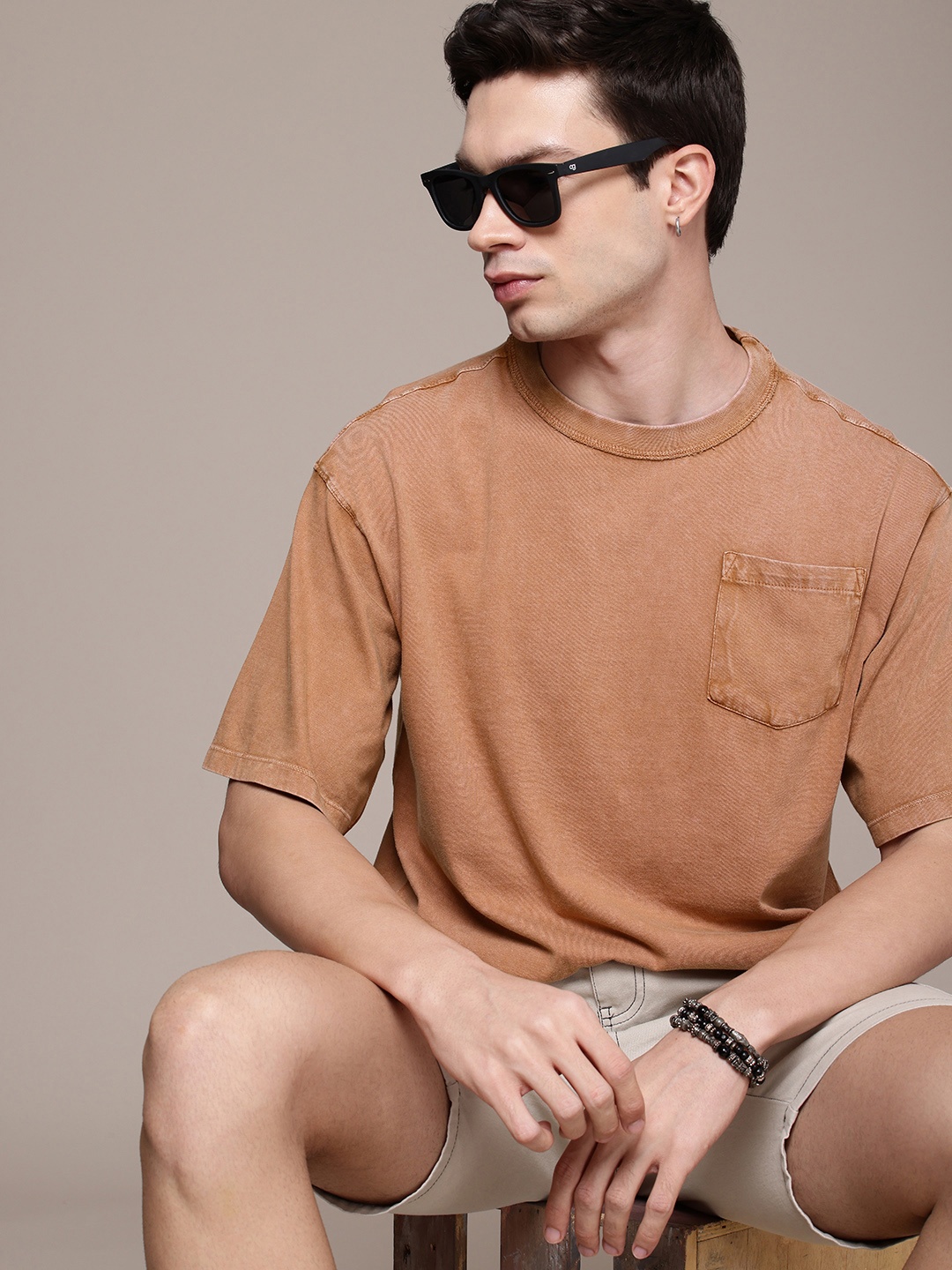 

The Roadster Life Co. Drop-Shoulder Sleeves Washed Effect Pure Cotton Relaxed Fit T-shirt, Rust