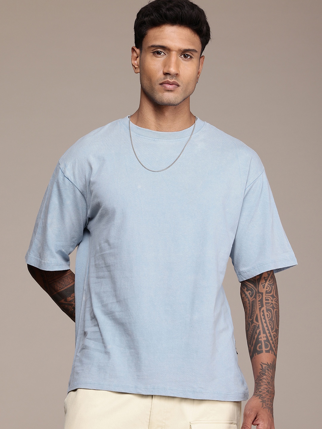 

The Roadster Life Co. Drop-Shoulder Sleeves Pure Cotton Relaxed Fit T-shirt, Blue