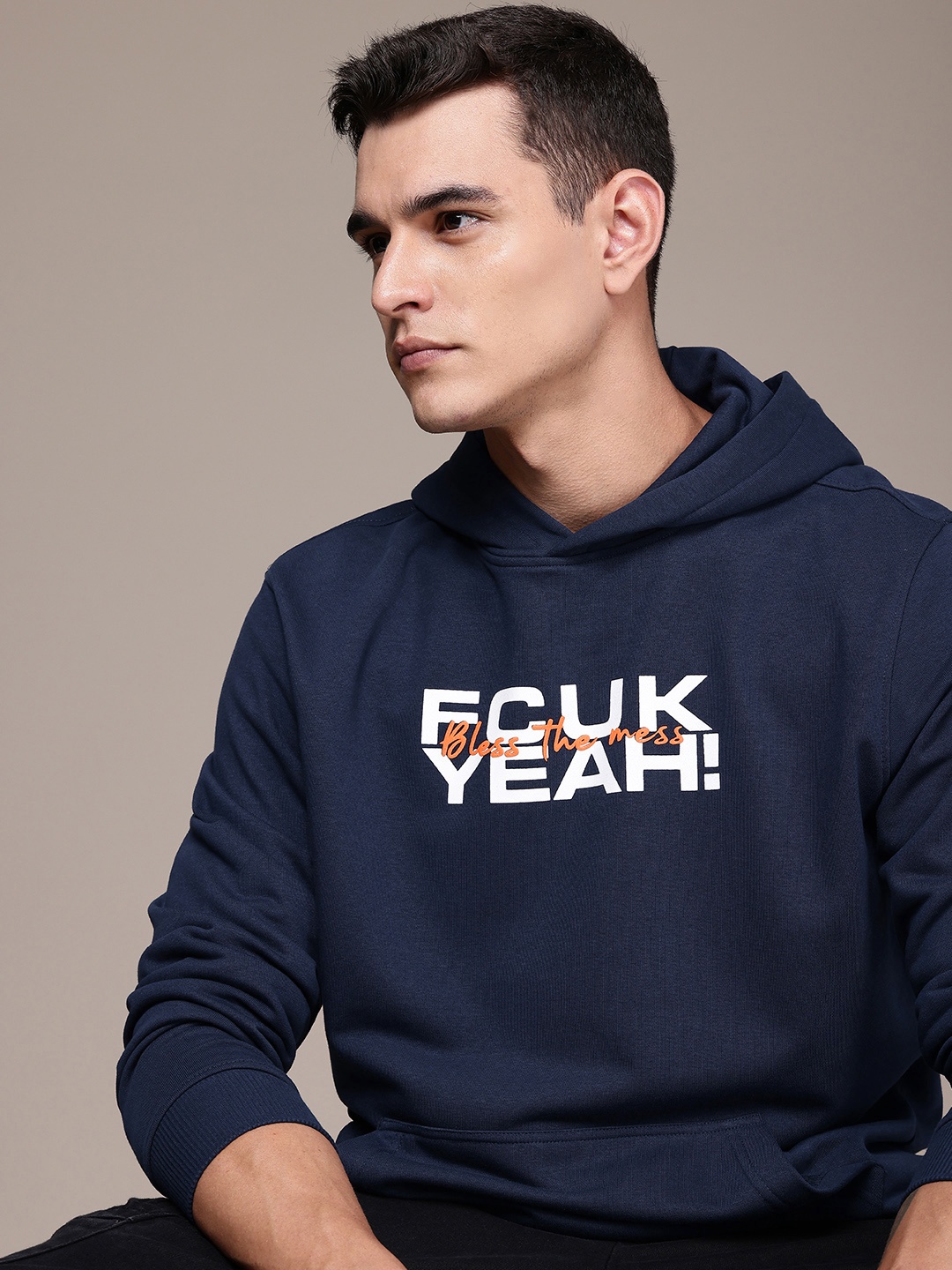 

FCUK Brand Logo Printed Hooded Sweatshirt, Navy blue