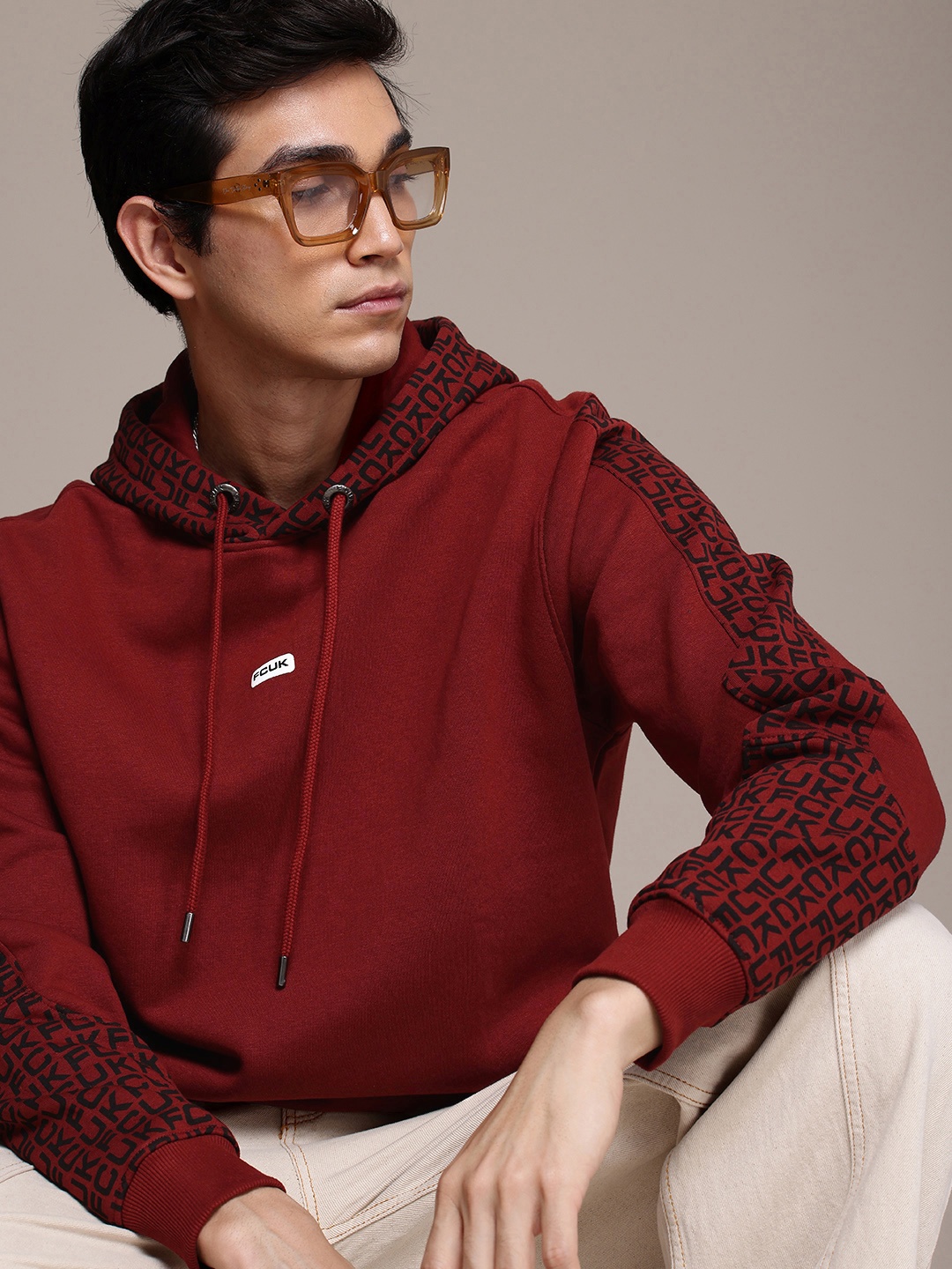 

FCUK Brand Logo Printed Hooded Sweatshirt, Maroon