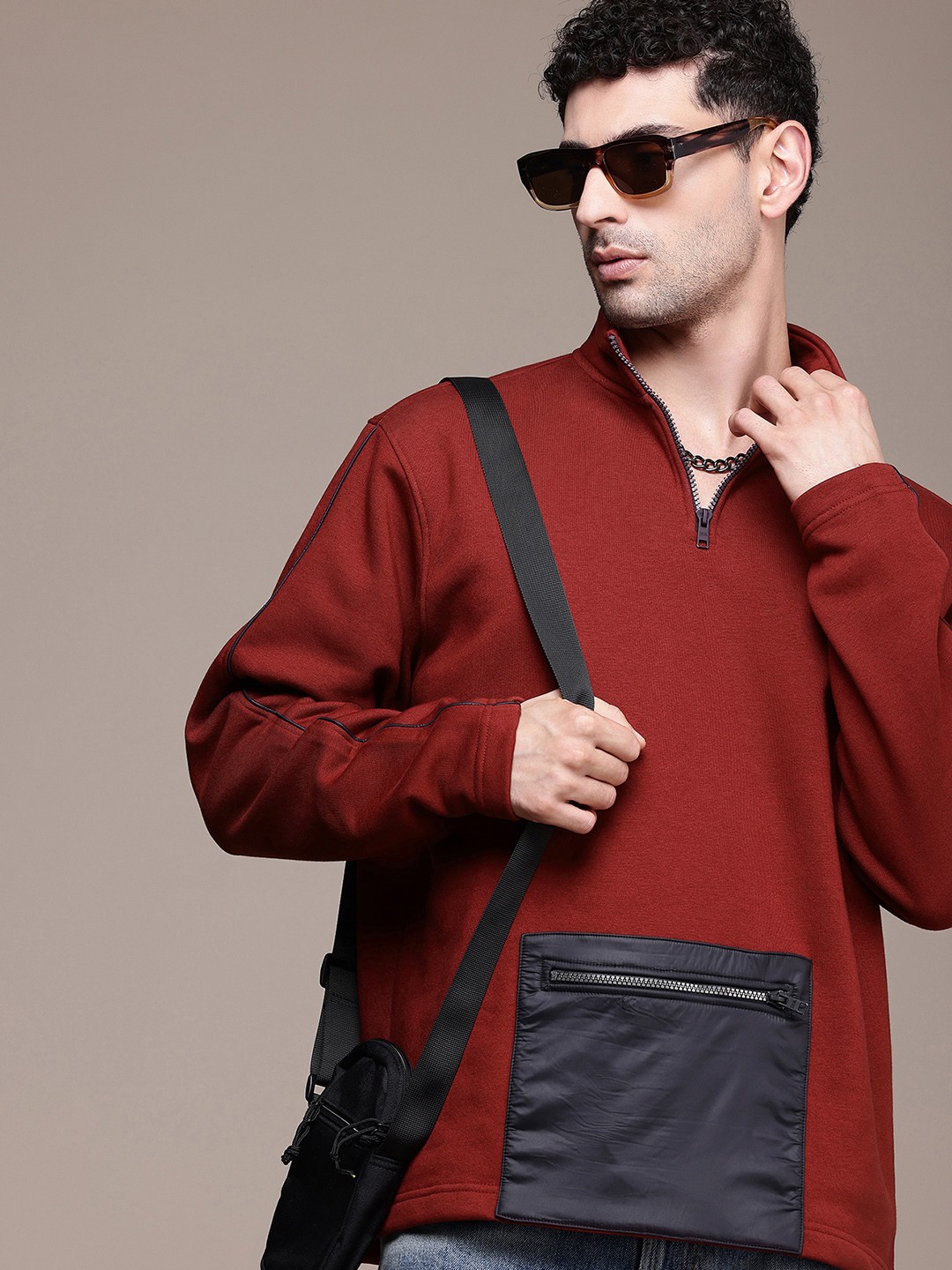 

FCUK Oversized Pocket Mock Collar Half Zipper Sweatshirt, Red