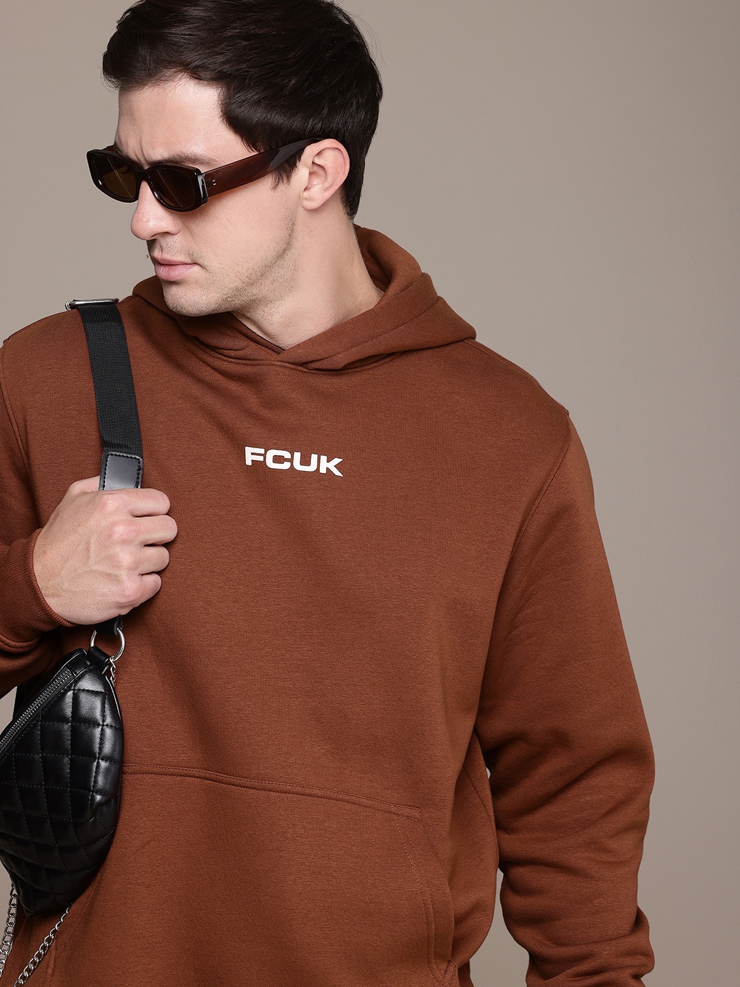 

FCUK Brand Logo Printed Hooded Sweatshirt, Brown