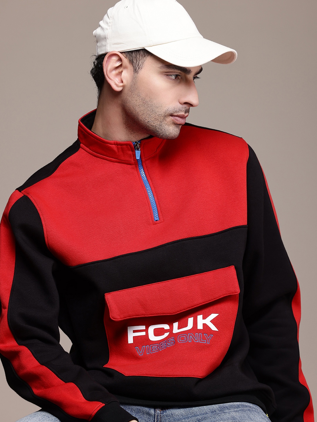 

FCUK Colourblocked Oversized Pocket Half Zipper Sweatshirt, Black