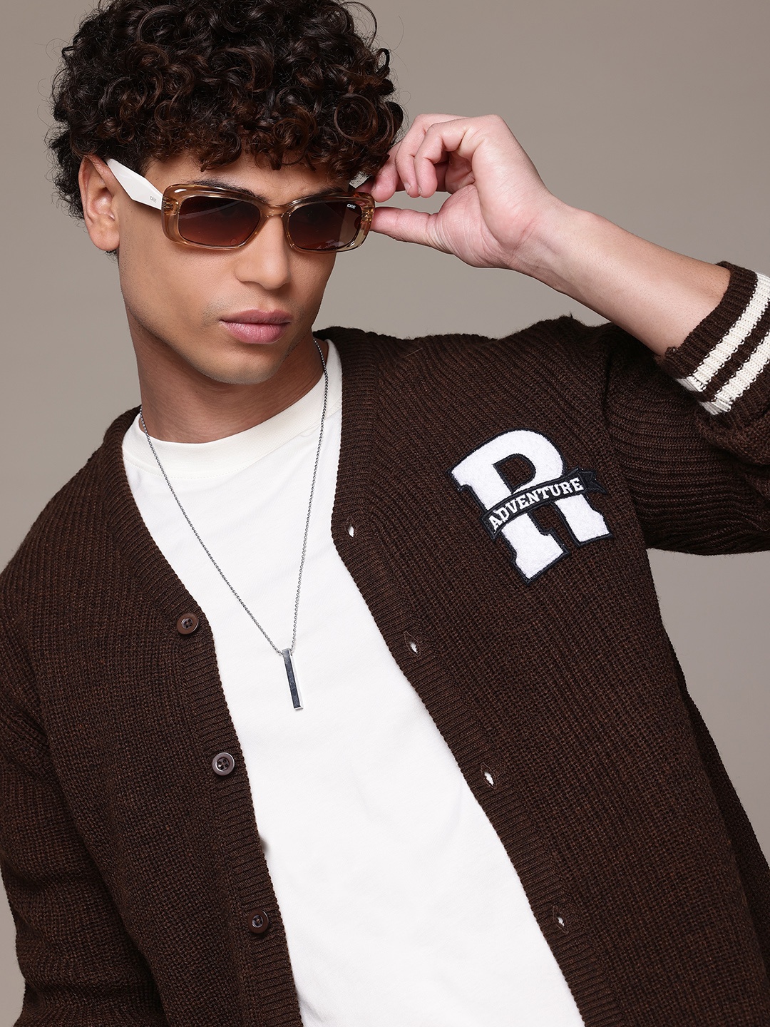 

The Roadster Life Co. Typography Embroidered Detail Acrylic Cardigan, Brown
