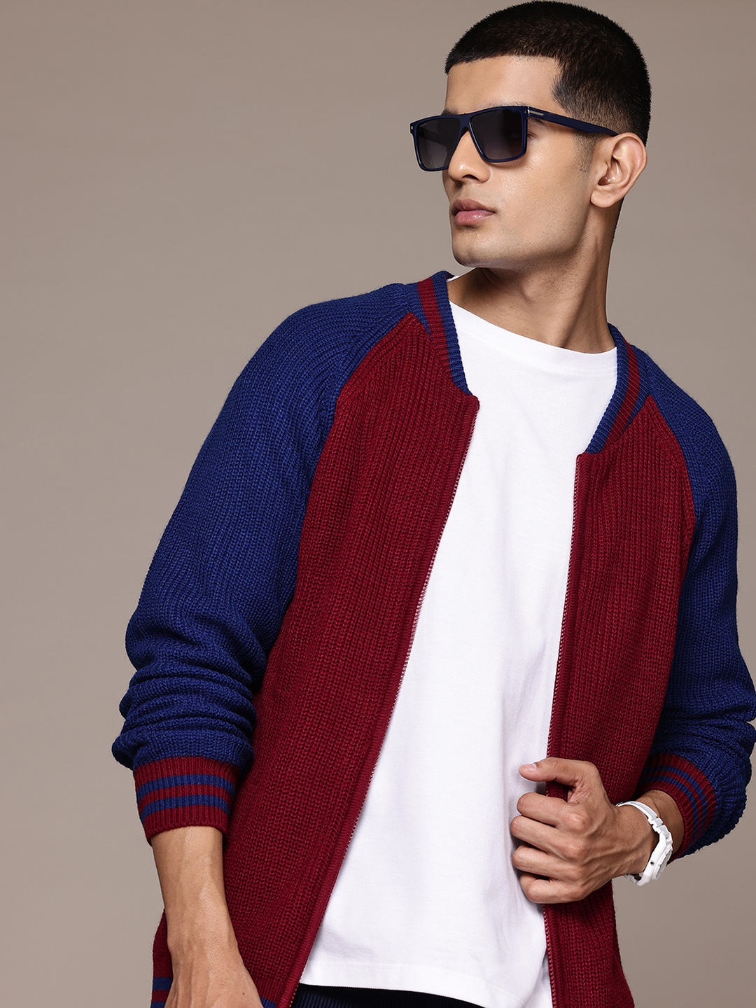

The Roadster Lifestyle Co. Men Ribbed Acrylic Cardigan, Burgundy
