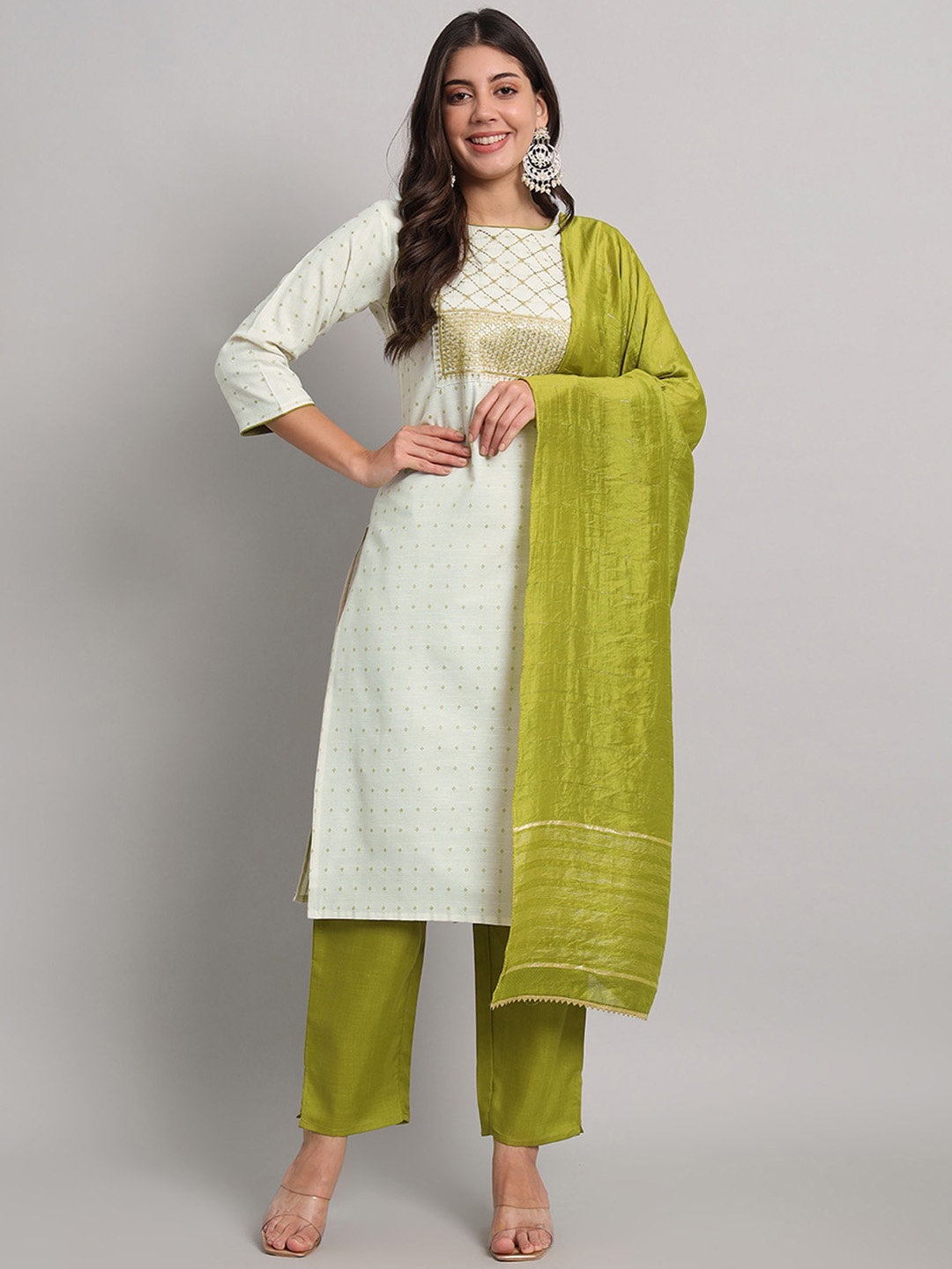 

SKYLEE Round Neck Embroidered Regular Sequinned Kurta Set, Cream