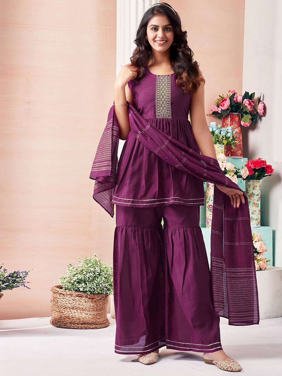 

SKYLEE Purple Yoke Design Regular Thread Work Kurta with Sharara & With Dupatta