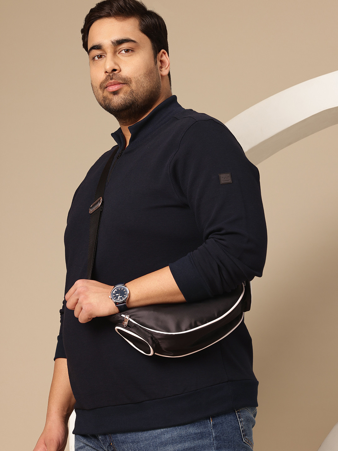 

Sztori Plus Size Mock Collar Ribbed Sweatshirt, Navy blue