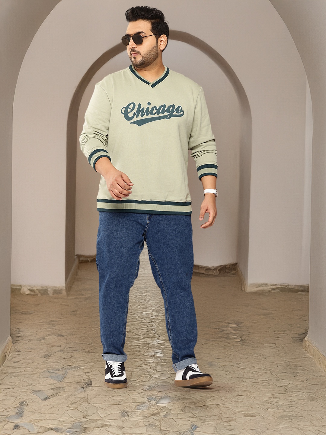 

Sztori Plus Size V-Neck Typography Printed Pullover Sweatshirt, Olive