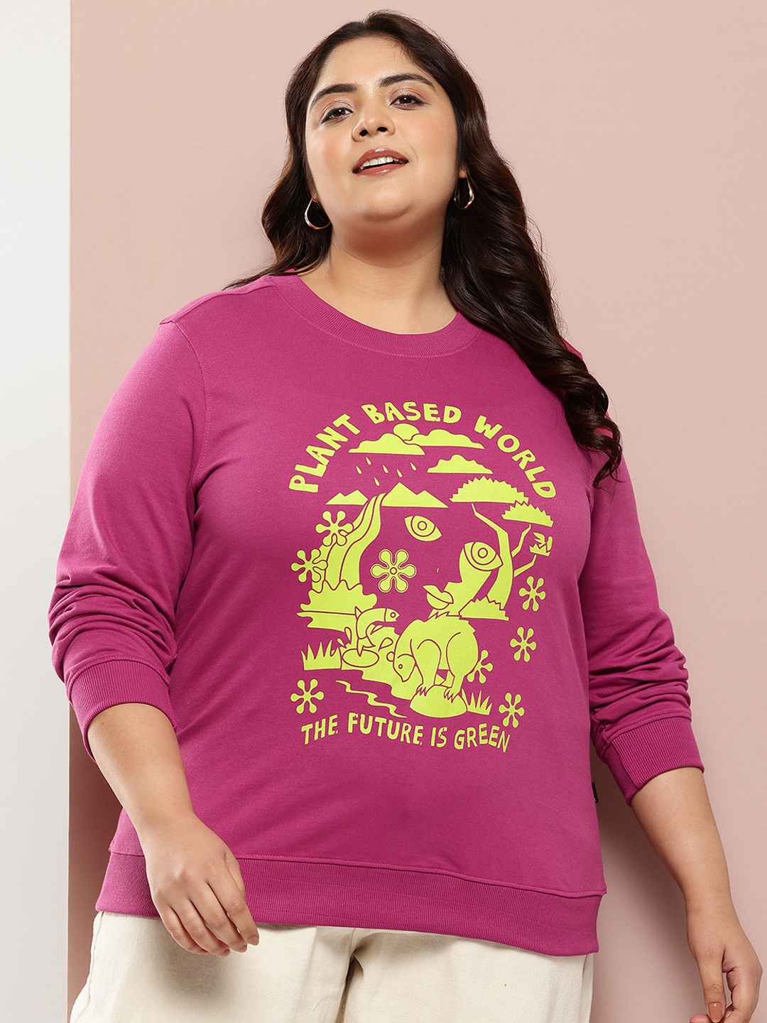 

Sztori Plus Size Pullover Printed Sweatshirt, Pink