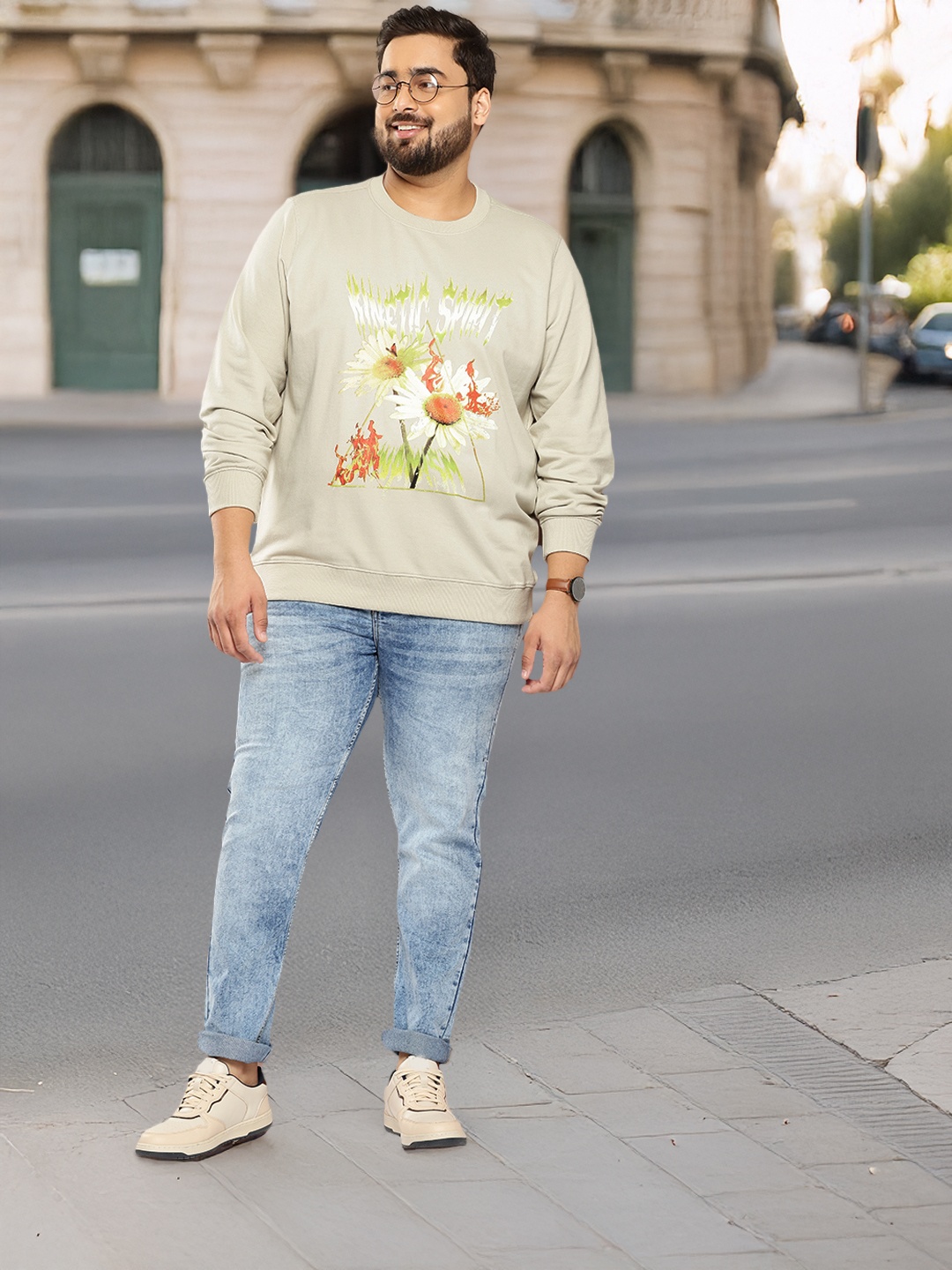Sztori Plus Size Pullover Printed Sweatshirt, Grey