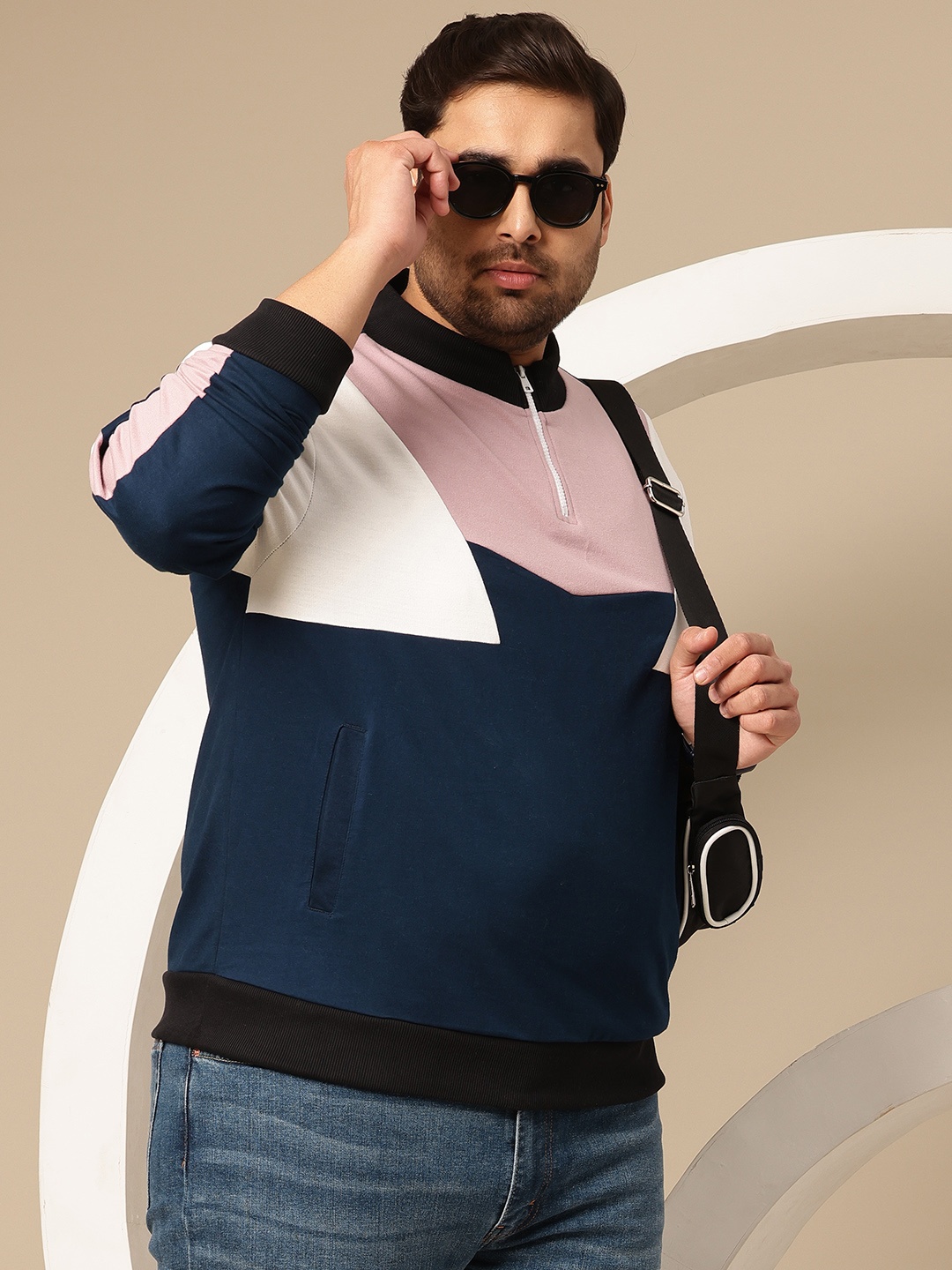 

Sztori Plus Size Colourblocked Mock Collar Sweatshirt, Navy blue