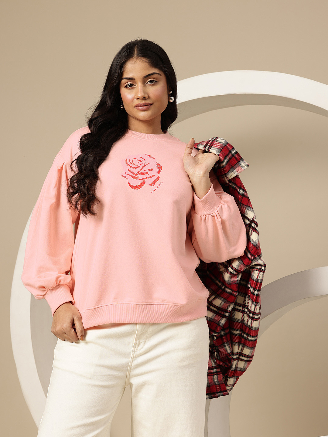 

Sztori Plus Size Women Rose Revival Printed Sweatshirt, Peach